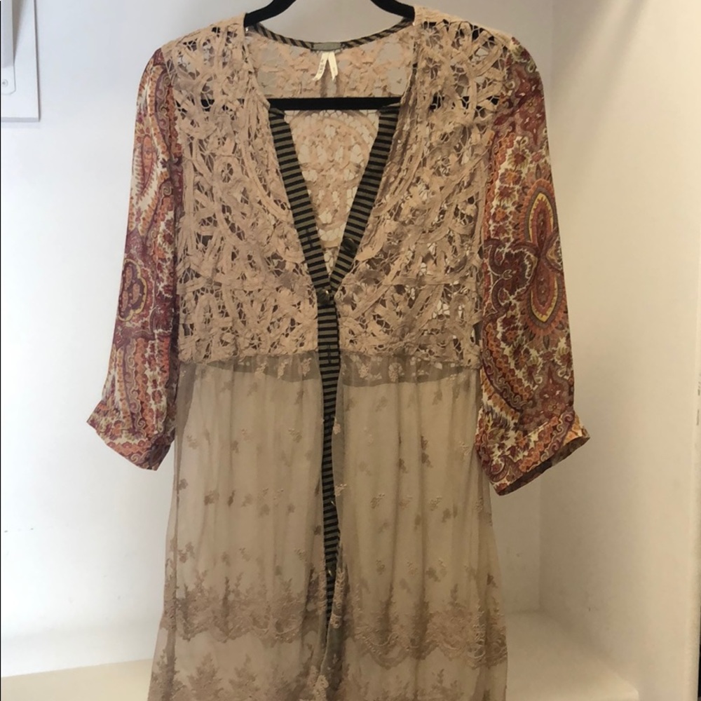 Lace button up blouse with floral sleeves
